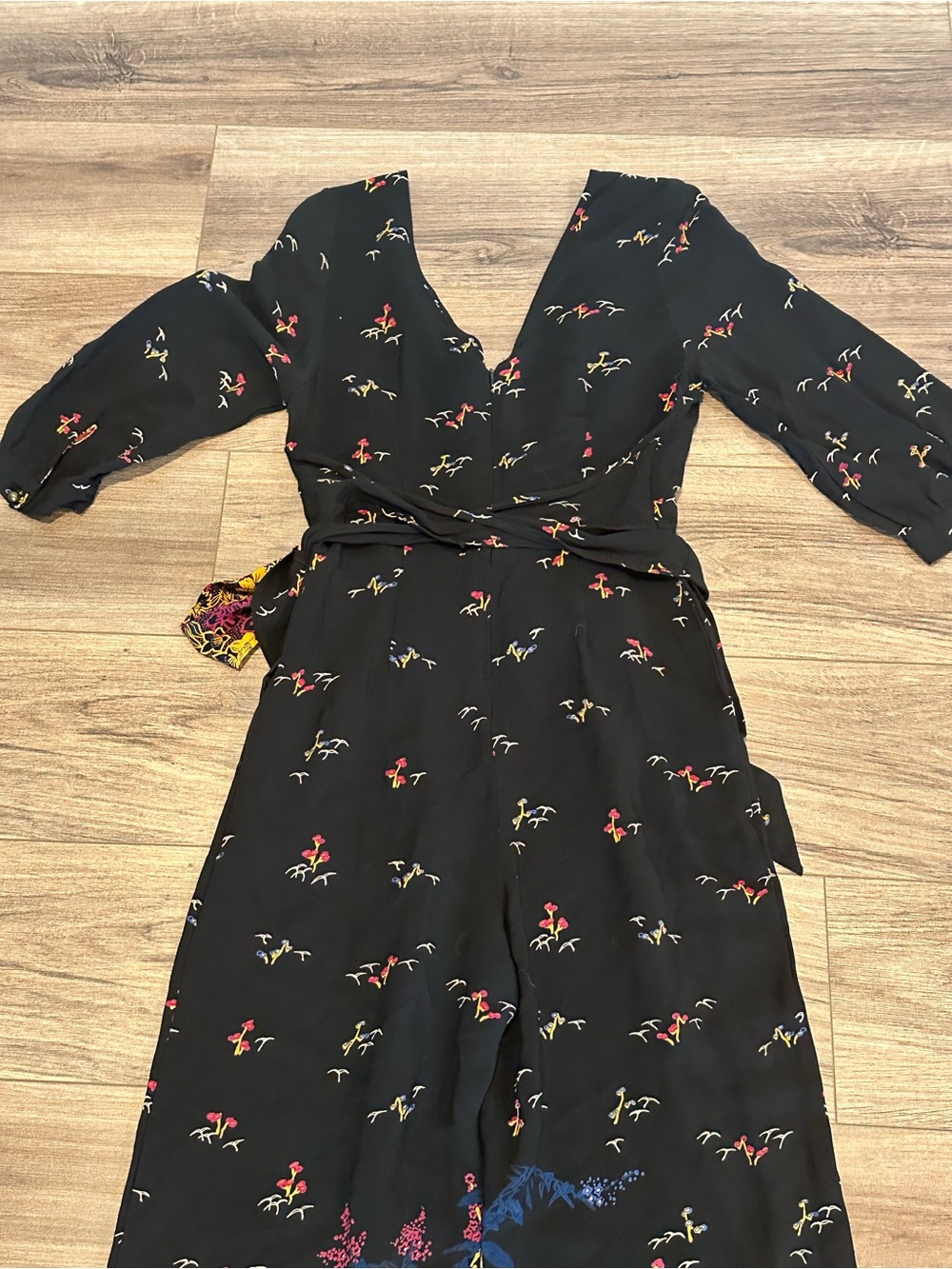 Anthropologie Feather Bone Nara Wide Leg Black Floral Wrap Jumpsuit - Picture 10 of 14